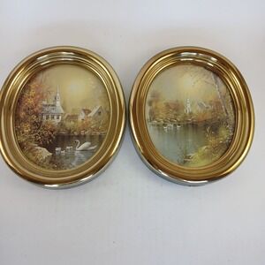 2 Vtg Homco Oval Gold Frame Wall Decor Lakeside Church Prints Swan Ducks READ